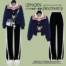 批发少女大童巨好看学院风套装秋季新款洋气学生穿搭海军领卫衣一整套