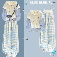 批发【上衣复合华棉】大<b class='q'>童</b>套装初中生洋气假两件连帽卫衣+蕾丝格子裤