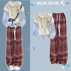 批发【上衣复合华棉】大<b class='q'>童</b>套装初中生洋气假两件连帽卫衣+毛呢格子裤