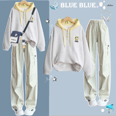 批发【华棉复合】初高中学生韩系学院风撞色连帽卫衣+休闲工装<b class='q'>裤</b>套装