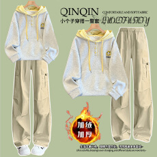 批发女大<b class='q'>童</b>加绒洋气<b class='q'>套装</b>12-15岁少女生学院风撞色连帽卫衣+加厚工装裤