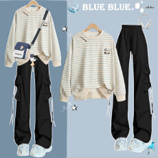 批发女大<b class='q'>童</b>学院风<b class='q'>套装</b>2025新款春秋款时髦条纹卫衣工装阔腿裤裤两件套