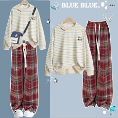 批发女大<b class='q'>童</b><b class='q'>套装</b>秋2025新款秋冬学生加厚条纹卫衣格子裤加绒保暖两件套