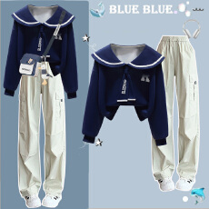 批发【纯棉华棉复合】女学院风套装洋气初中高中学生海军领卫衣两件套