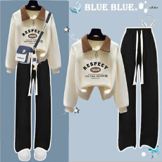 批发【华棉复合】大<b class='q'>童</b>套装少女初高中学生半拉链翻领卫衣阔腿裤两件套