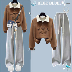 批发【华棉复合】大<b class='q'>童</b>套装少女孩初高中生半拉链翻领卫衣阔腿裤两件套