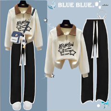 批发【华棉复合】大<b class='q'>童</b>套装少女初高中学生半拉链翻领卫衣阔腿裤两件套