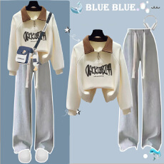 批发【华棉复合】大<b class='q'>童</b>套装少女孩初高中生半拉链翻领卫衣阔腿裤两件套