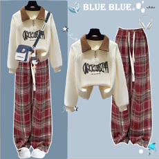 批发12到13一15岁初高中学生女秋季<b class='q'>套装</b>少女大<b class='q'>童</b>半拉链翻领卫衣两件套