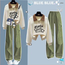 批发秋日ootd多巴胺穿搭polo衫卫衣女<b class='q'>春</b>秋季2025超火小个子学院风套装