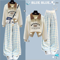 批发女大童<b class='q'>春</b>秋季polo衫卫衣套装2025新款初高中学生蓝色格纹裤两件套