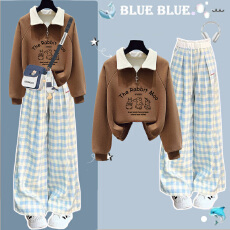 批发女大童<b class='q'>春</b>秋季polo衫卫衣套装2025新款初高中学生蓝色格纹裤两件套