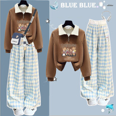 批发女大<b class='q'>童</b>春秋季polo衫卫衣<b class='q'>套装</b>2025新款初高中学生蓝色格纹裤两件套