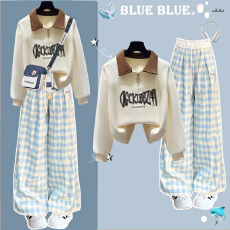 批发女大<b class='q'>童</b>春秋季polo衫卫衣<b class='q'>套装</b>2025新款初高中学生蓝色格纹裤两件套