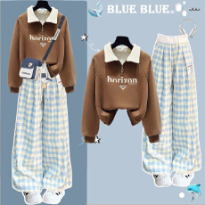 批发女大<b class='q'>童</b>春秋季polo衫卫衣<b class='q'>套装</b>2025新款初高中学生蓝色格纹裤两件套