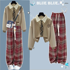 批发【华棉复合】女大<b class='q'>童</b>假两件卫衣<b class='q'>套装</b>女学生毛呢格纹裤学院风一整套