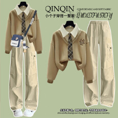 批发【华棉复合】初高中学生时尚<b class='q'>套装</b>女大<b class='q'>童</b>假两件卫衣时髦工装裤<b class='q'>套装</b>