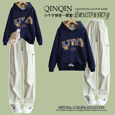 批发初中生春秋宽松少女格子拼接连帽卫衣韩系学生阔腿工装<b class='q'>裤</b>两件套装