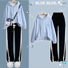 批发【纯棉华棉复合】连帽开衫卫衣女孩初高中生<b class='q'>时尚</b>阔腿裤学院风套装