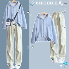 批发【纯棉华棉复合】连帽开衫卫衣女孩初高中生工装裤<b class='q'>时尚</b>学院风套装