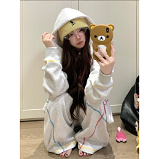 批发美式少年感休闲运动<b class='q'>服</b>套装女炸街连帽拼接卫衣卫裤跑步两件套