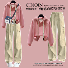 批发【华棉复合 300克】女大童连帽卫衣春<b class='q'>秋</b>装初高中生洋气工装裤套装