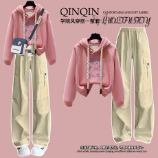 批发【华棉复合 300克】女大童连帽卫衣春秋装初高中生洋气工装裤套装