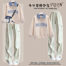 批发少女大童洋气学院风休闲工装阔腿裤两件套春秋季Polo领卫衣套装