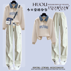 批发少女大童洋气学院风工装阔腿裤两件套初中生春秋季Polo领卫衣套装