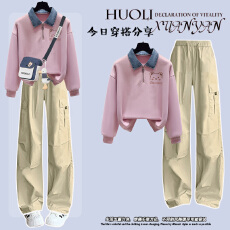 批发少女大童洋气学院风工装阔腿裤两件套初中生春秋季Polo领卫衣套装