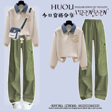 批发少女大童洋气学院风工装阔腿裤两件套初中生春秋季Polo领卫衣套装