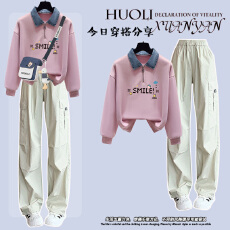 批发少女大童洋气学院风工装阔腿<b class='q'>裤</b><b class='q'>两件套</b>初中生春秋季Polo领卫衣套装