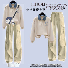 批发少女大童洋气学院风工装阔腿<b class='q'>裤</b><b class='q'>两件套</b>初中生春秋季Polo领卫衣套装