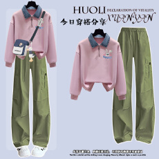 批发少女大童洋气学院风工装阔腿<b class='q'>裤</b><b class='q'>两件套</b>初中生春秋季Polo领卫衣套装