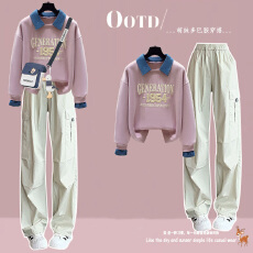 批发【华棉复合】女大童polo领卫衣套装牛仔领假两件上衣+休闲工装<b class='q'>裤</b>