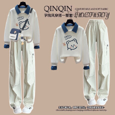 批发【华棉复合】女大童polo领卫衣套装牛仔领假两件上衣+休闲工装<b class='q'>裤</b>