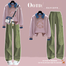 批发【华棉复合】女大童polo领卫衣套装牛仔领假两件上衣+休闲工装<b class='q'>裤</b>