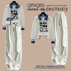 批发【华棉复合】女大童polo领卫衣套装牛仔领假两件上衣+休闲工装<b class='q'>裤</b>