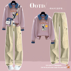 批发【华棉复合】女大童polo领卫衣套装牛仔领假两件上衣+休闲工装<b class='q'>裤</b>