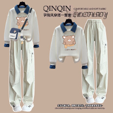 批发【华棉复合】女大童polo领卫衣套装牛仔领假两件上衣+休闲工装<b class='q'>裤</b>