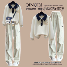 批发秋季套装女学生韩系小清新穿搭学院风翻领卫衣+阔腿工装<b class='q'>裤</b>两件套