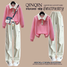 批发秋季套装女学生韩系小清新穿搭学院风翻领卫衣+阔腿工装<b class='q'>裤</b>两件套