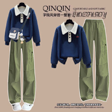 批发秋季套装女学生韩系小清新穿搭学院风翻领卫衣+阔腿工装<b class='q'>裤</b>两件套