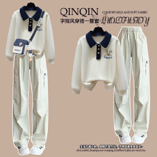 批发秋季套装女学生韩系小清新穿搭学院风翻领卫衣+阔腿工装<b class='q'>裤</b>两件套