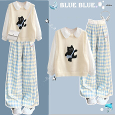 批发秋季学院风穿搭套<b class='q'>装</b>初高中学生<b class='q'>衬衫</b>马甲+格子<b class='q'>裤</b>时尚ootd一整套