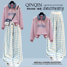 批发10到12-17岁大童装初高中学生套装少女牛仔领卫衣阔腿裤两件套