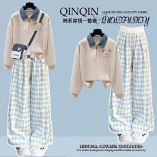 批发10到12-17岁大童装初高中学生套装少女牛仔领卫衣阔腿裤两件套