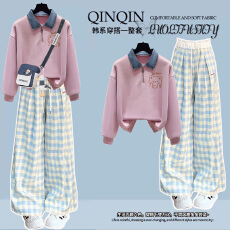 批发10到12-17岁大童装初高中学生套装少女牛仔领卫衣阔腿裤两件套