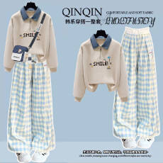 批发10到12-17岁大童装初高中学生套装少女牛仔领卫衣阔腿裤两件套