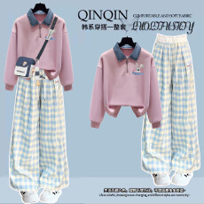 批发10到12-17岁大童装初高中学生套装少女牛仔领卫衣阔腿裤两件套